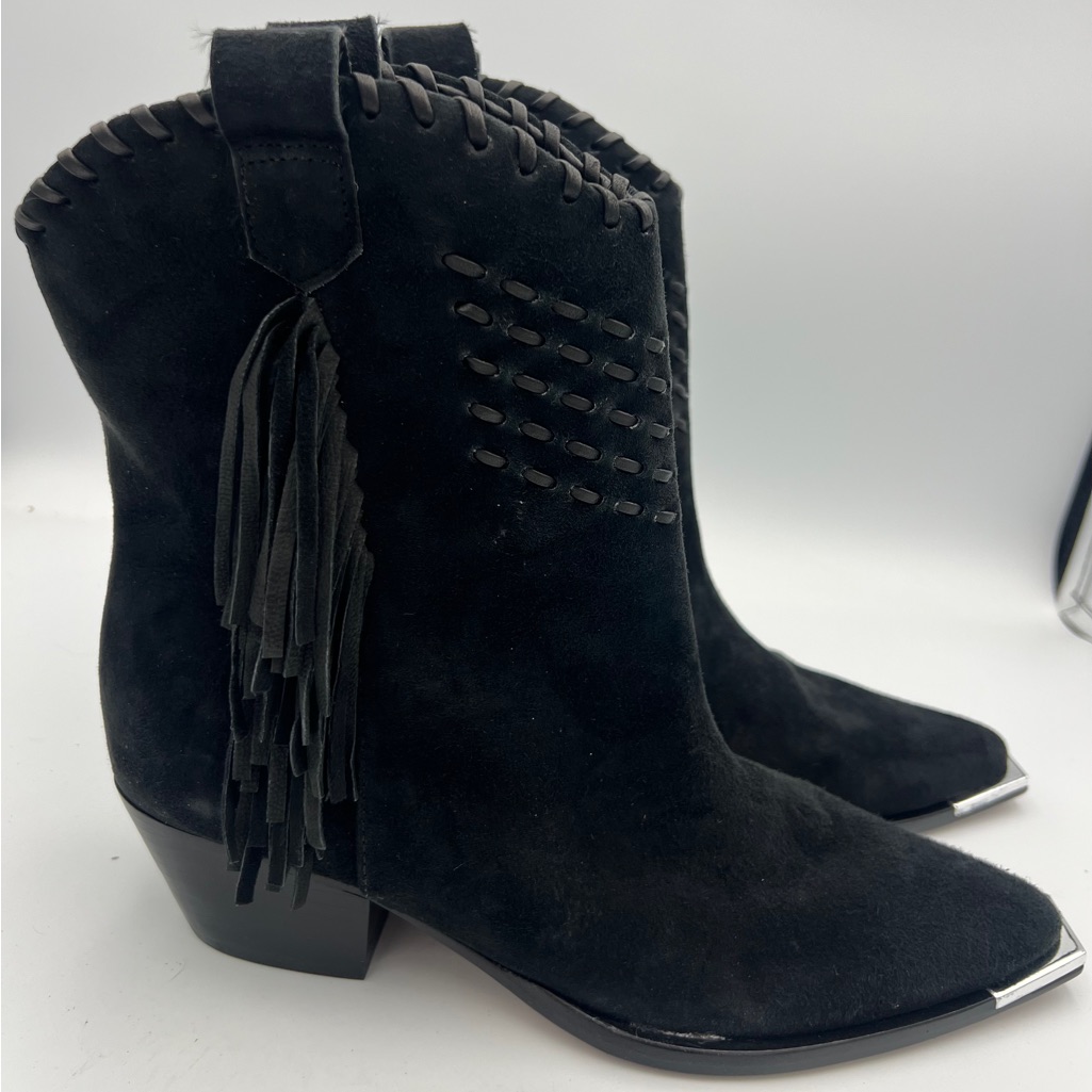 Schutz Alexxa Black Suede Fringe Western Bootie Women’s Sz 7b Cowgirl Boots New